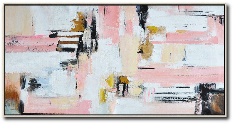 Hand Made Abstract Art,Horizontal Palette Knife Contemporary Art,Canvas Painting Wall Decor,White,Pink,Light Yellow.etc